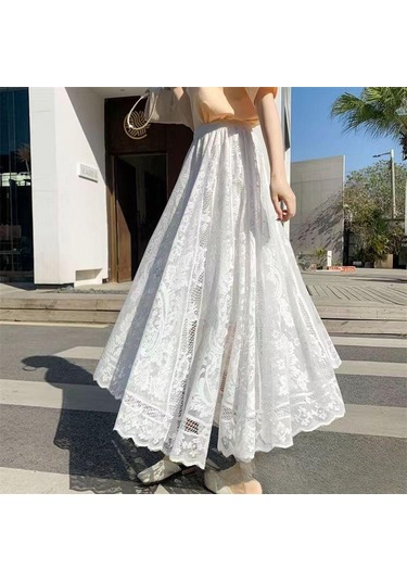 Kadın İlkbahar Ve Yaz Dantel Etek A-line Uzun Etek Büyük Hem Gazlı Bez Hollow Pilili Etek Beyaz