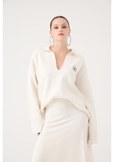 Holly Lolly Oversize Kesim Polo Yaka Zoi Triko Kazak Beyaz