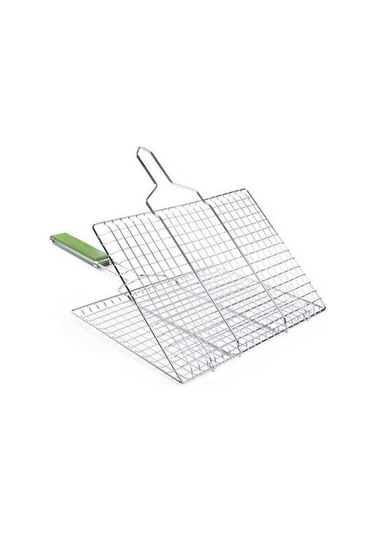 Pazly Üç Boyutlu Paslanmaz Çelik Izgara Ağı, Ahşap Saplı Balık Klipsi, Gümüş Yeşil Renk Gümüş