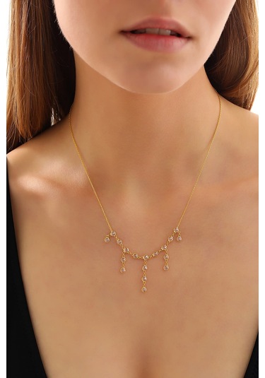 925 Ayar Gümüş Zirkon Taşlı Uzun Ve Kısa Parça Sallantılı Tamtur Kolye Altın