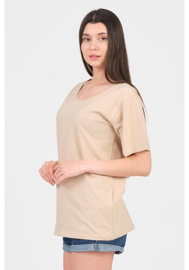As Collection Bej V Yaka Kısa Kol Boyfriend Kadın T-shirt Bej