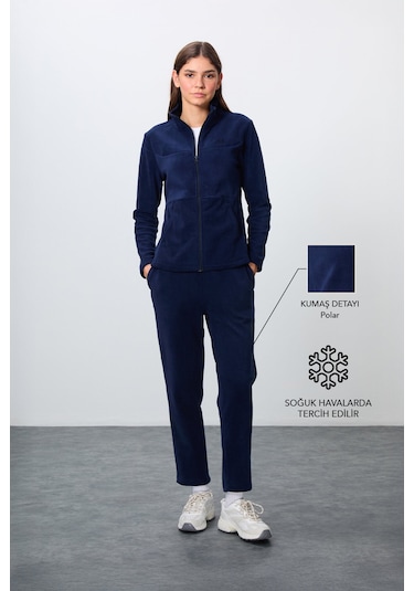 Tommy Life Lacivert Kalın Yumuşak Dokulu Dik Yaka Oversize Nakışlı Polar Kadın Eşofman Takım -95339 Lacivert