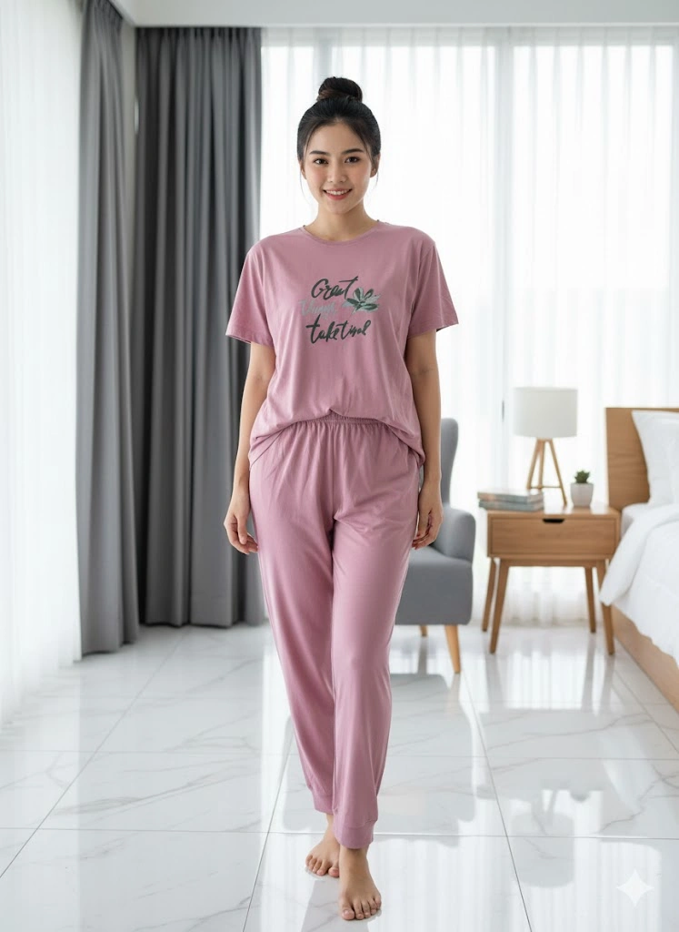 Kadın Pembe Kısa Kol Pijama Takım Pembe