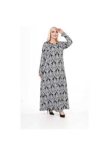 Kadın Büyük Beden Yumuşak Dokulu Otantik Desenli Elbise Beyaz