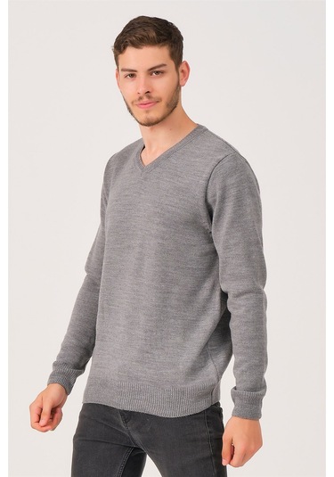 V0036 Dewberry Erkek V-neck Kazak-gri Gri