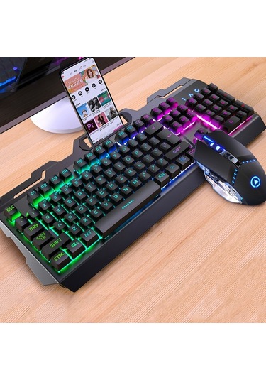 Yındıao V2 Mekanik Hissediyorum Oyun Klavyesi Fare Seti Siyah Gökkuşağı Işığı