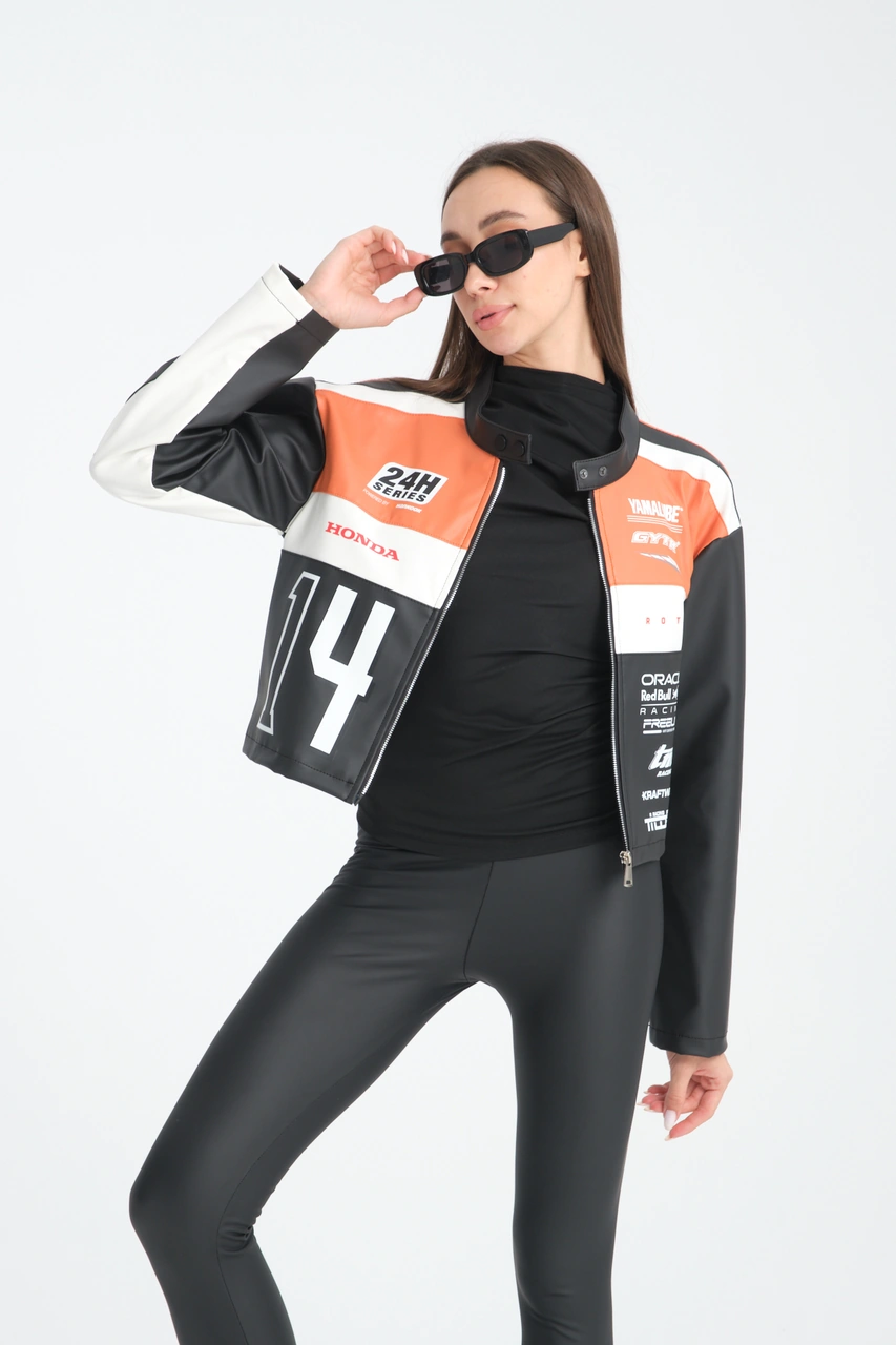 Kadın Oversize Baskılı Deri Şeritli Motorcu Montu Garnili Fermuarlı Yarışçı Ceketi Bomber Kolej Mont Oranj