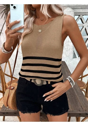 Kadın Sıfır Kol Yuvarlak Yaka Şerit Detay Triko Bluz Kahve