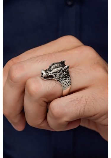 Yüzük Sanatı Kurt Motif Yazılı 925 Gümüş Erkek Yüzük