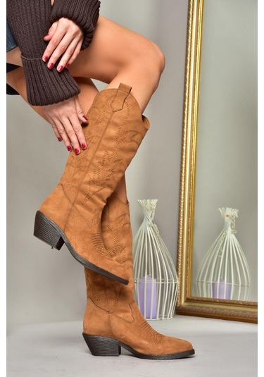 Fox Shoes T404401202 Taba Süet Kovboy Model Kadın Çizme Taba-Süet