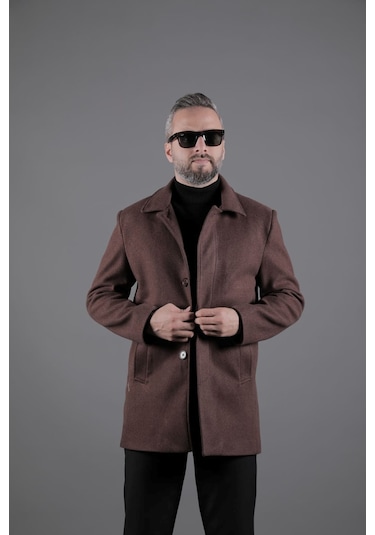 Ohepmoda Gizli Düğmeli Erkek Kaşe Kaban Mont Kahverengi
