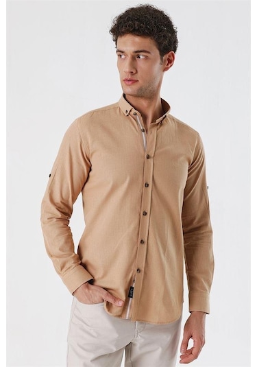 Camel Kısalabilir Kollu Cepsiz Biyeli %100 Pamuk Casual Slim Fit Dar Kesim Gömlek 1004230179-camel Camel