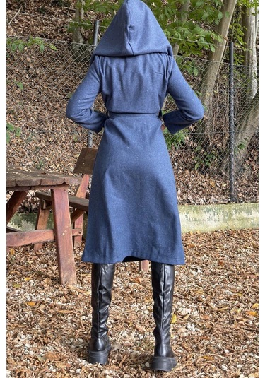 İndigo Kruvaze Yaka, Kapüşonlu, Çift Cepli, Beli Kemerli, Uzun Kaşe Kaban Astarsız İndigo