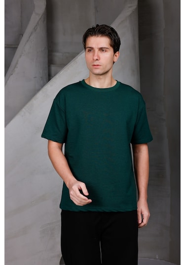 Erkek Basic Oversize Bisiklet Yaka 2 İki İplik Kompakt T-shirt Nefti