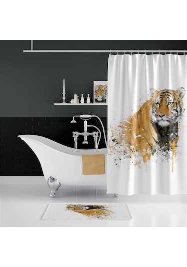 Zethome Tiger Banyo Paspas Ve Tek Kanat Duş Perdesi 1x180x200 Set Çok Renkli