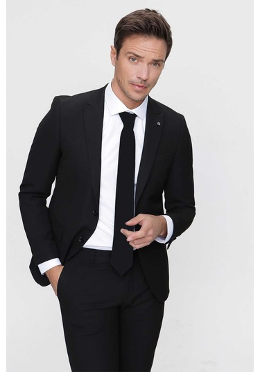 Morven Erkek Basic Düz Slim Fit 3lü Takım Elbise Slim Fit - 542408291 - Siyah