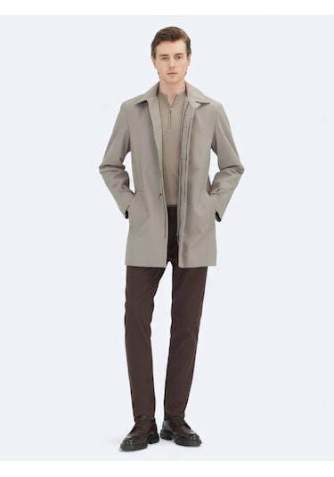 Kip Vizon Regular Fit Bebe Yaka Casual Dokuma Pardesü Vizon