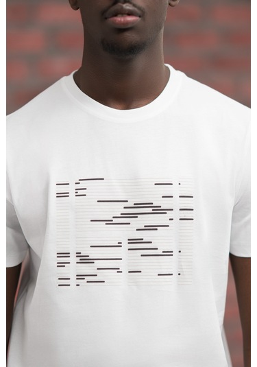 Slim Fit Sıfır Yaka Baskılı Pamuklu T-shirt Beyaz