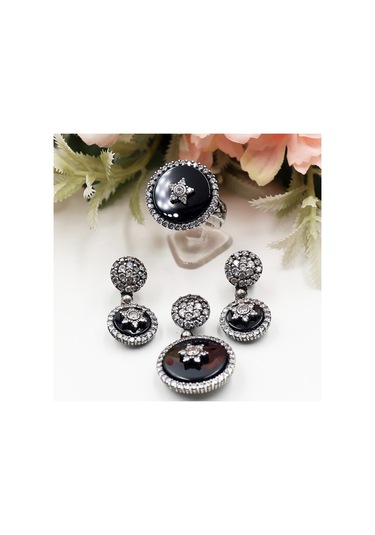 Zirkon Taşlı Oniks Taş Üzerinde Yıldız Set Rose Gold - Gümüş