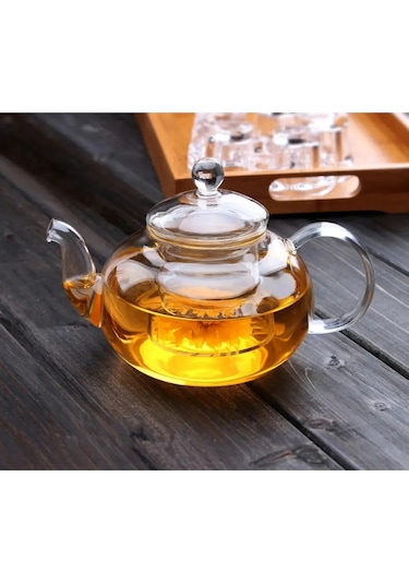 Borosilikat Cam Kapaklı Cam Süzgeçli Demlik Ve Cam Isıtıcı 1000ml Şeffaf