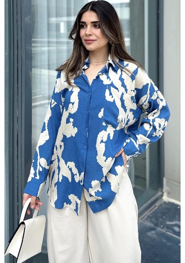 Kadın İndigo Uzun Kol, Arkası Pliseli, Salaş Dökümlü, Viskon Gömlek Indigo