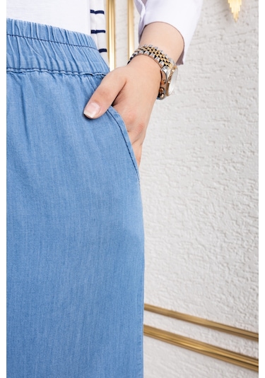 Beli Lastikli Keten Pantolon - Açık Mavi / A0104 Açık Mavi