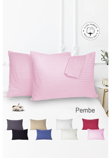 Çizgili Saten 2'li Yastık Kılıfı Pembe