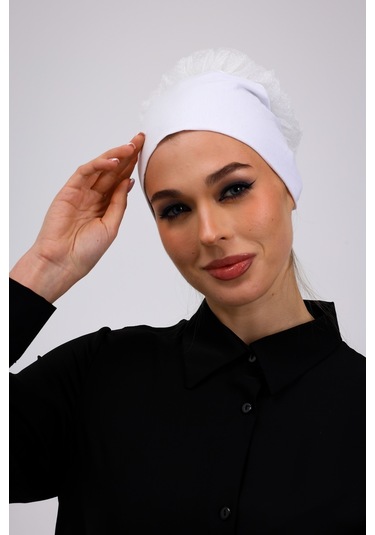 Kaymayan Fırfırlı Silikonlu Dikişsiz Bone Ekru - Kaymaz Kadın Tesettür Bağlamalı İç Bone Ekru