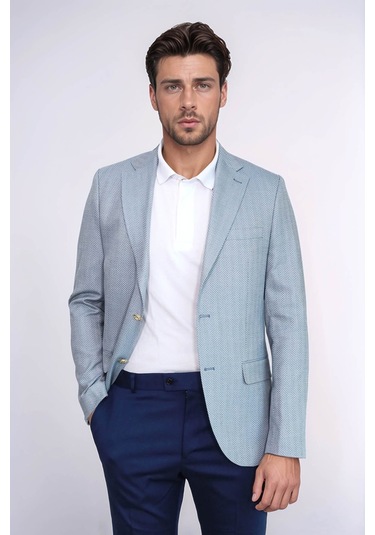 Açık Mavi Balıksırtı Desenli Gold Renk Metal Düğmeli Slim Fit Erkek Blazer Ceket - Wessi Navy Blue