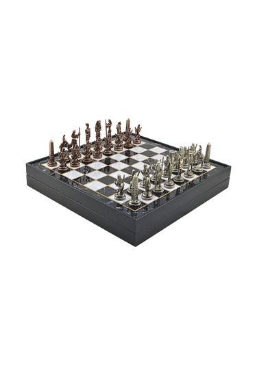 Gifthome Metal Mısır Satranç Takımı Antik Ve Mermer Desenli Mdf Sandıklı Satranç Tahtası 36x36x6 Cm.