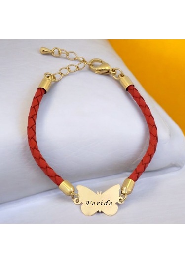 Feride İsmine Özel Kelebek Motifli 14 Ayar Altın Plakalı Turuncu Derili Hediye Bileklik-502isim Feride