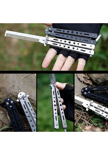 Buffer Gri Katlanabilir Paslanmaz Çelik Kelebek Bıçak Tarak Sakal Bıyık Fırçası Profesyonel Saç Kesimi İçin Tarak