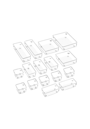 Reedark 16'lı Şeffaf Plastik Çekmeceli Manikür Aksesuar Ve Kozmetik Saklama Kutusu Seti Şeffaf