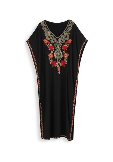 Edolynsa Siyah Vintage İşlemeli Uzun Kaftan Siyah