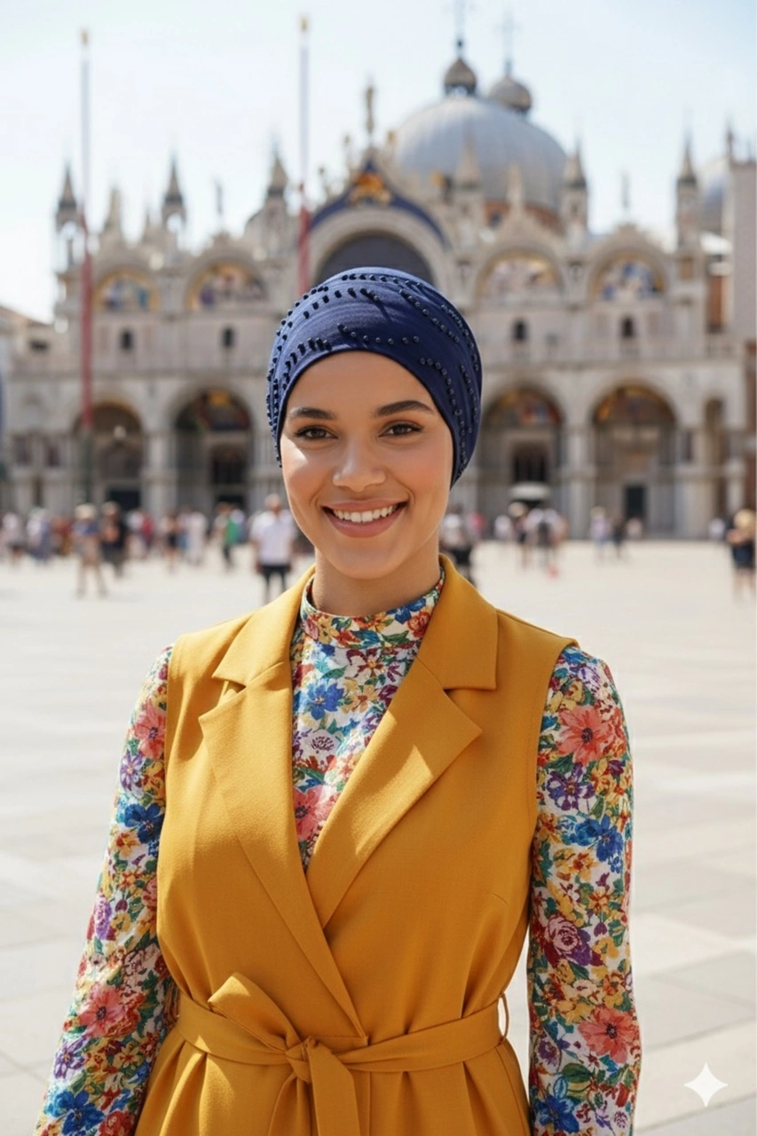 Topuzlu Lacivert Hazır Türban Tesettür Bone Lacivert