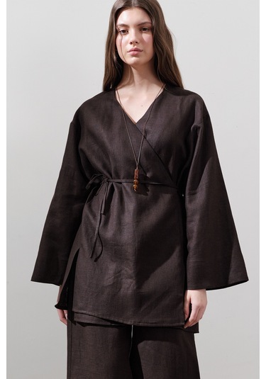 Keten Kruvaze Kapama Kimono Acı Kahve Acı Kahve