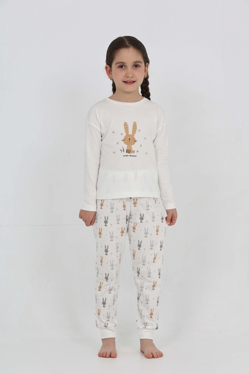 Toontoy Kız Çocuk Tavşan Baskılı Pijama Takım Ekru