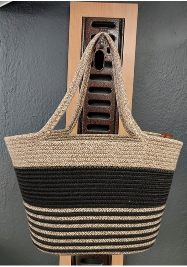 Doğal Hasır Jüt El Örmesi Bayan Çanta-bej Siyah Çizgili V2 Bej