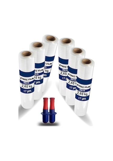 Şeffaf El Tipi Palet Streç Film 17 Mikron 300 M 6'lı + El Aparatı