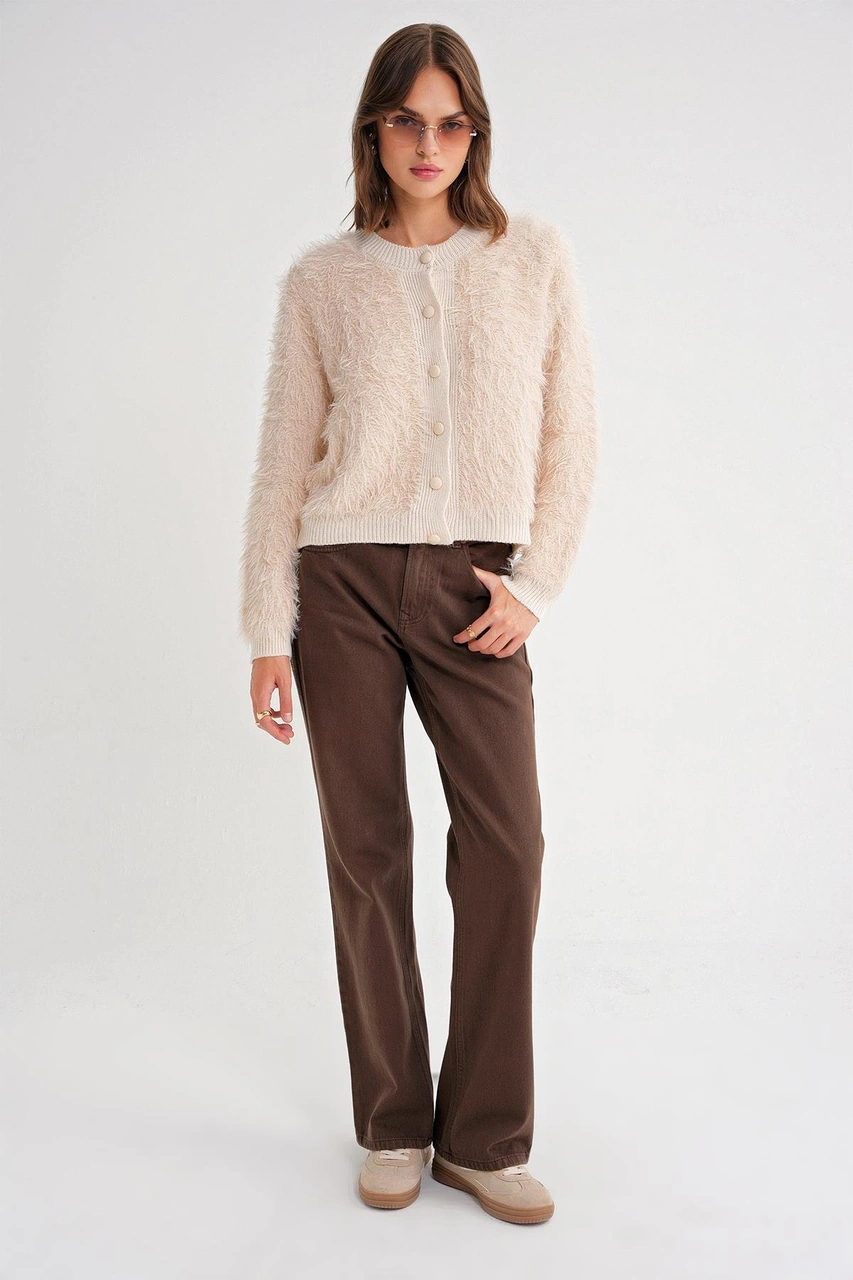 6897 Kadın Uzun Sakallı Bant Detaylı Triko Hırka Naturel Naturel