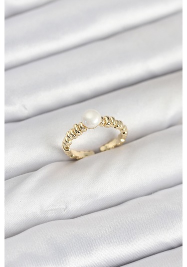 Pirinç Gold Renk Göbek İnci Model Kadın Yüzük Beyaz