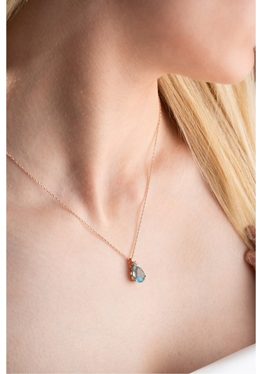 Nereze 925 Ayar Gümüş Rose Aquamarin Damla Tektaş Kolye