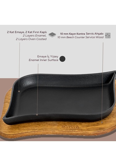 Lava Döküm Dikdörtgen Servis Tabağı Ve Ahşap Altlığı. Ölçü 13x19cm.