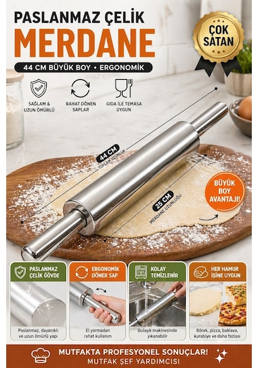 44 Cm Paslanmaz Metal Çelik Merdane Ergonomik Kulplu Çelik Profesyonel Hamur Açma Merdanesi
