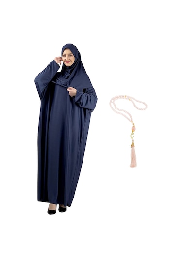 Zarif Namaz Elbisesi Ve Türban Tesbih Set Tesettür Şal Müslüman Kıyafetleri Abaya - Siyah Lacivert