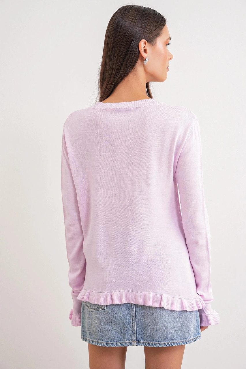 6964 Kadın Düz Fırfırlı Düğmeli Hırka Pembe Pembe