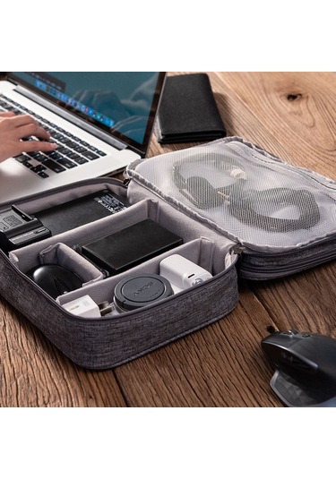 Padalink Gri Üç Katlı Dijital Alet Çantası - Veri Kablosu, Powerbank Ve Kulaklık İçin Multifonksiyonlu Dayanıklı Saklama Çantası