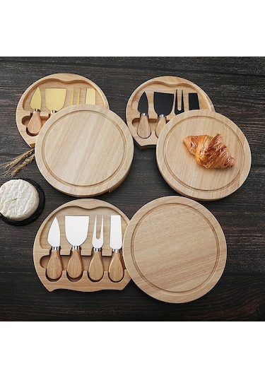 Sones 4 Adet / Set Yuvarlak Meşe Kutusu Peynir Bıçağı Spatula Paslanmaz Çelik Peynir Araçları Çatal Bıçak Takımı, Renk: Çelik Rengi