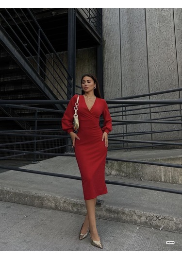 Tua Moda Kadın Kruvaze Yaka Balon Kol Simli Krep Kumaş Midi Boy Elbise Kırmızı