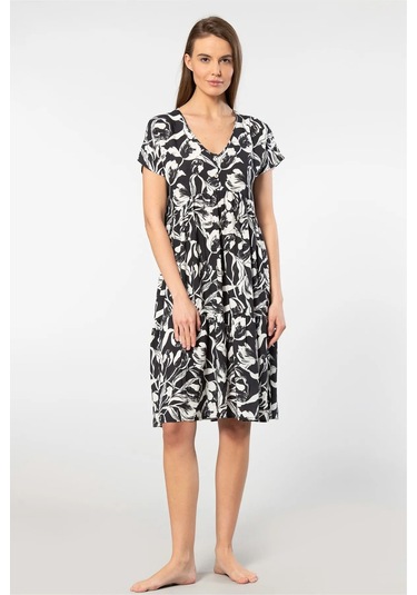 Türen 3602 Kadın Kısa Kollu Dokuma Kloş Elbise-siyah Siyah